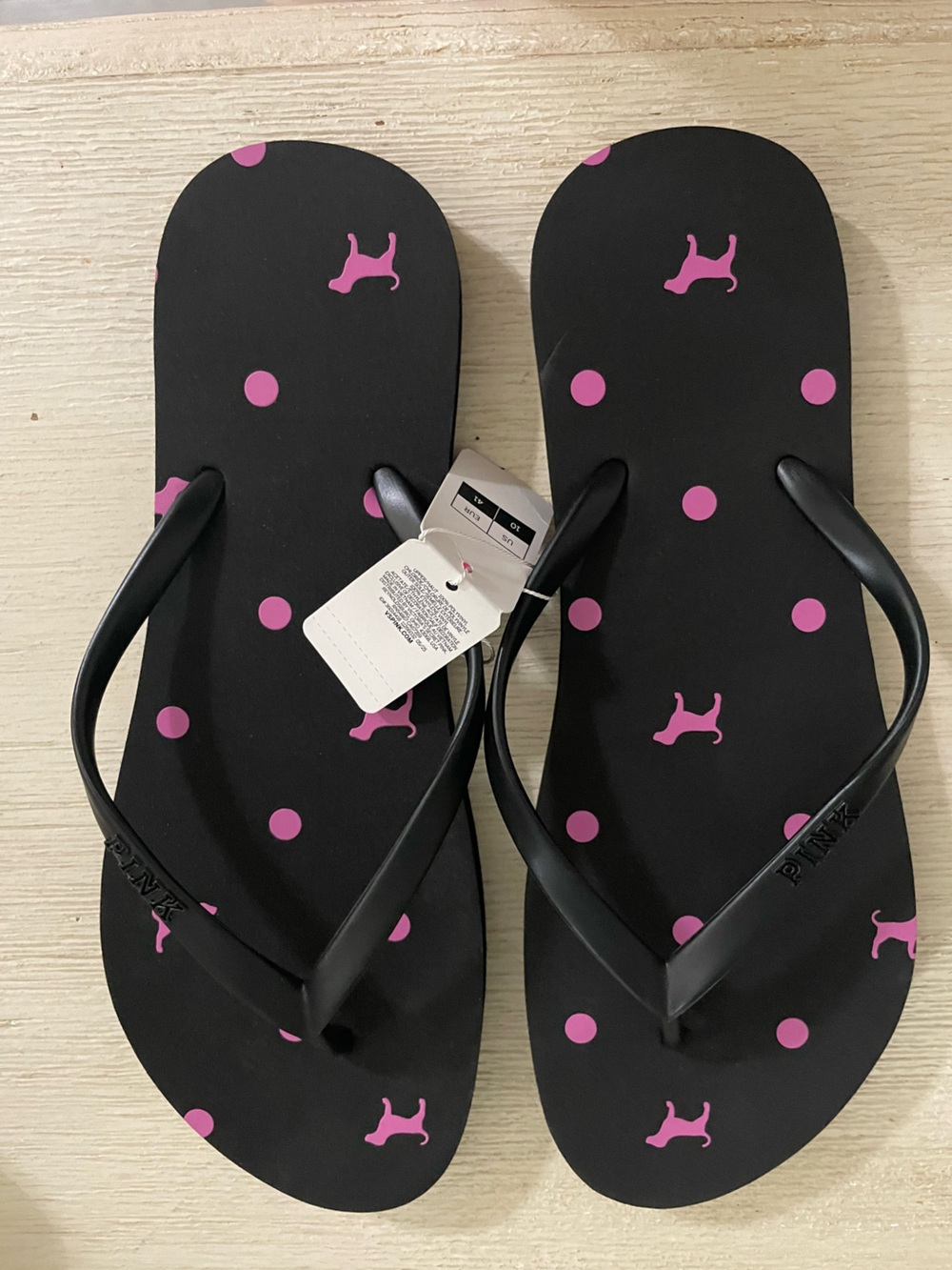 PINK Victoria's Secret Black Flip Flop Sandals with Pink Dot Print sz 10